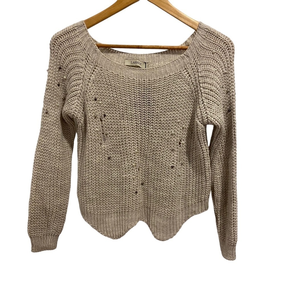 NWT Lashez Knit Crop Sweater Beaded Pearls | Women’s Cream Beige Ecru White NEW